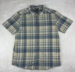 Sherpa Adventure Gear Shirt Men’s Sz L Blue Plaid Button Up Short Sleeve Outdoor